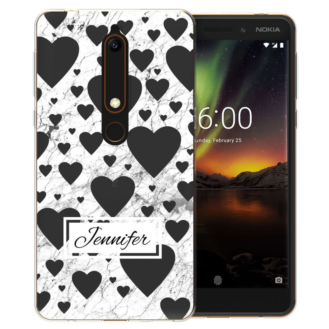 Nokia 6 (2018) White Marble Hearts Personalised TPU Gel Case - Mobile Madhouse