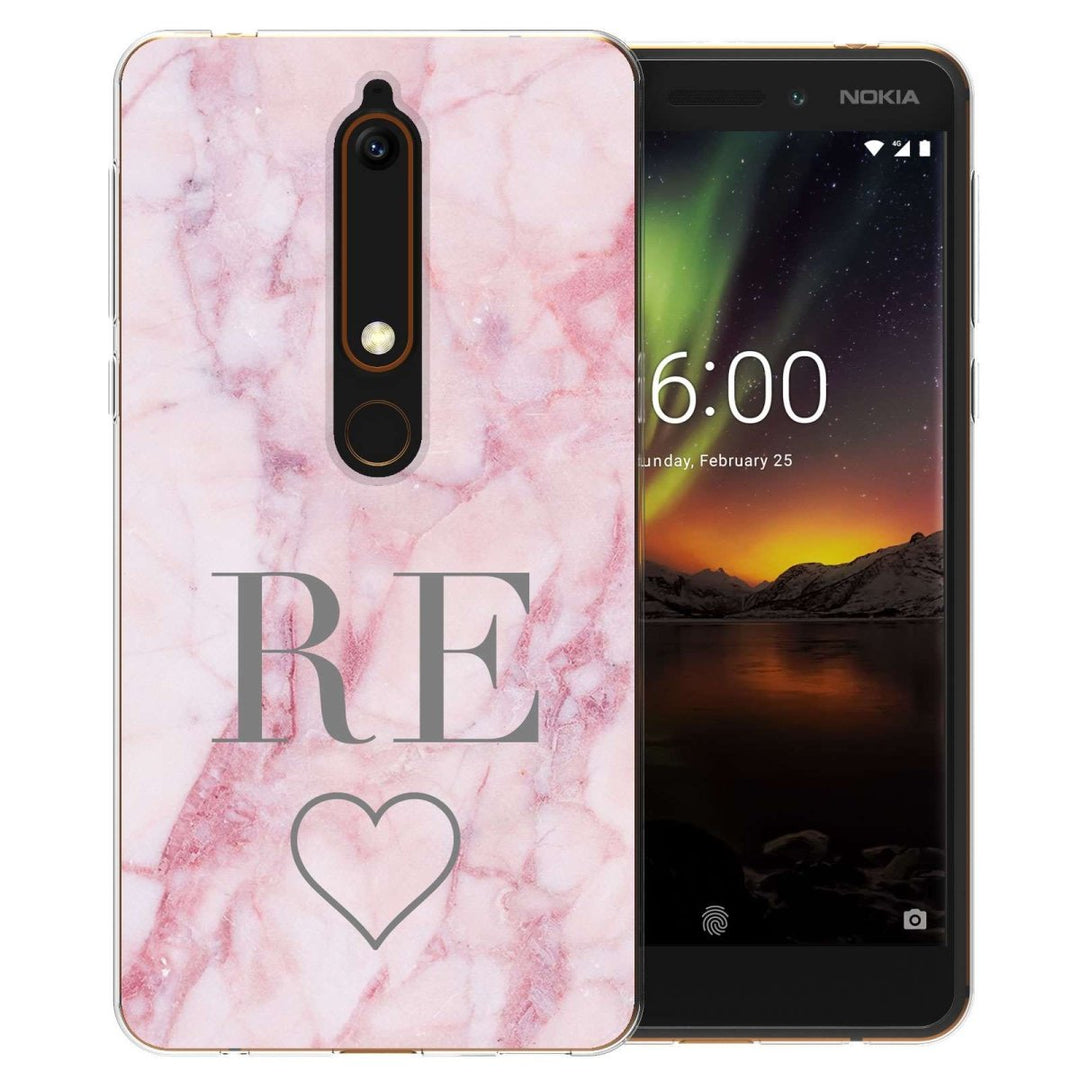 Nokia 6 (2018) Pink Marble Heart Personalised TPU Gel Case - Mobile Madhouse