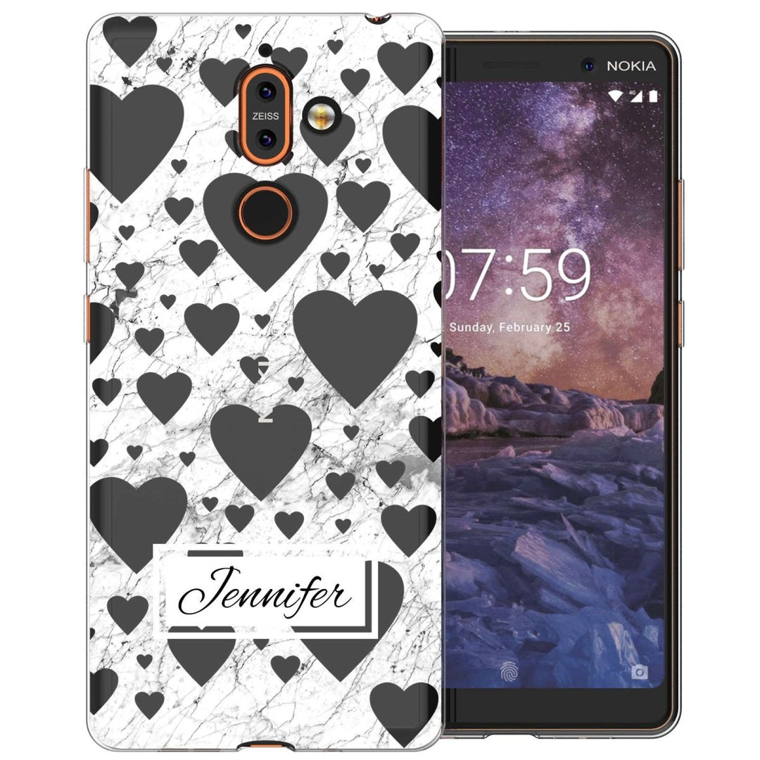 Nokia 7 Plus White Marble Hearts Personalised TPU Gel Case - Mobile Madhouse
