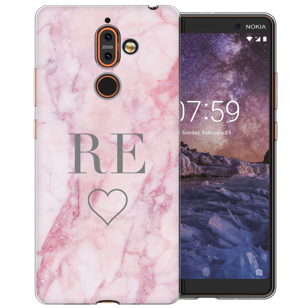 Nokia 7 Plus Pink Marble Heart Personalised TPU Gel Case - Mobile Madhouse