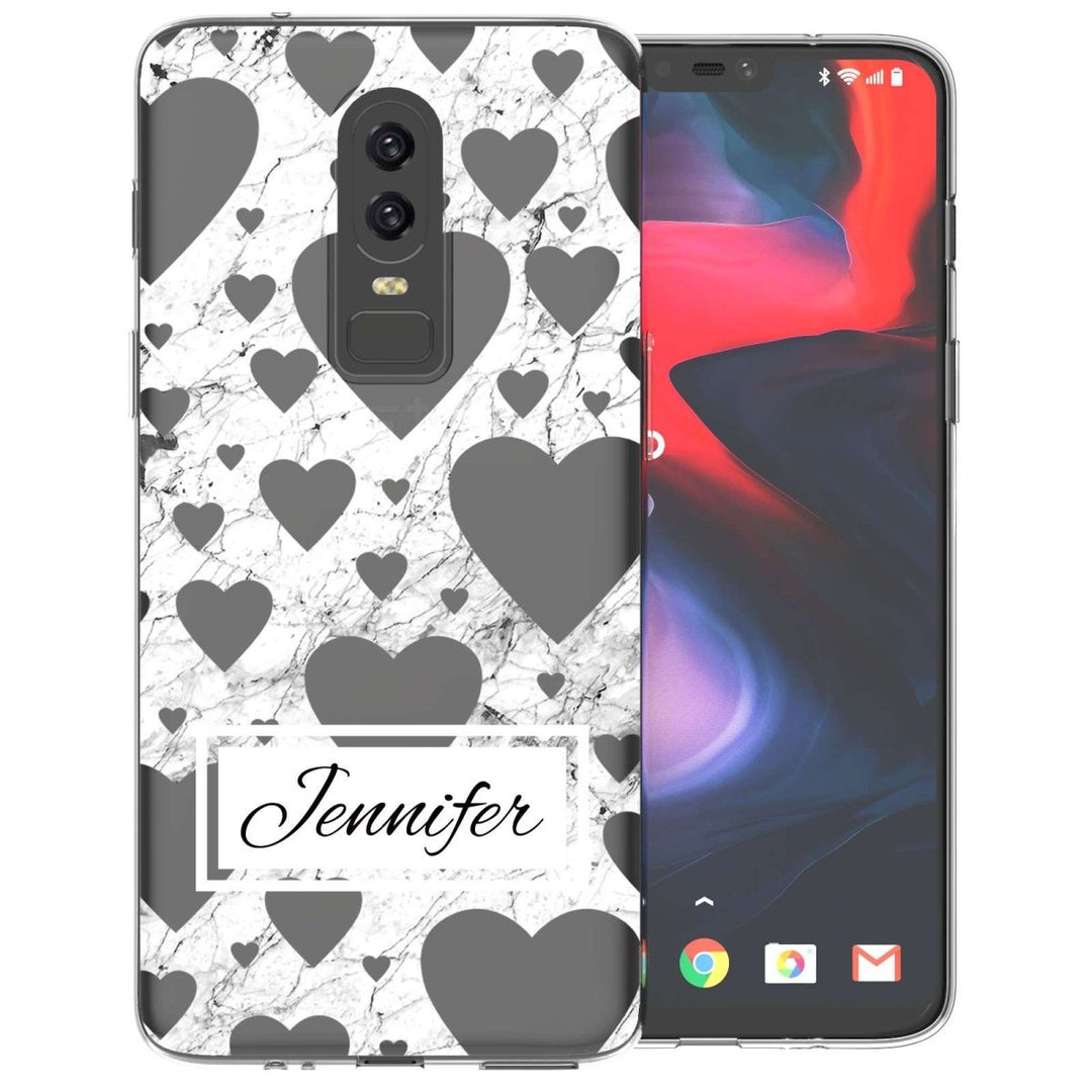 OnePlus 6 White Marble Hearts Personalised TPU Gel Case - Mobile Madhouse
