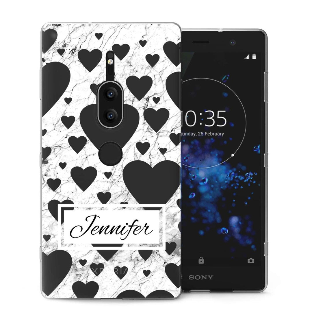 Sony Xperia XZ2 Premium White Marble Hearts Personalised TPU Gel Case - Mobile Madhouse