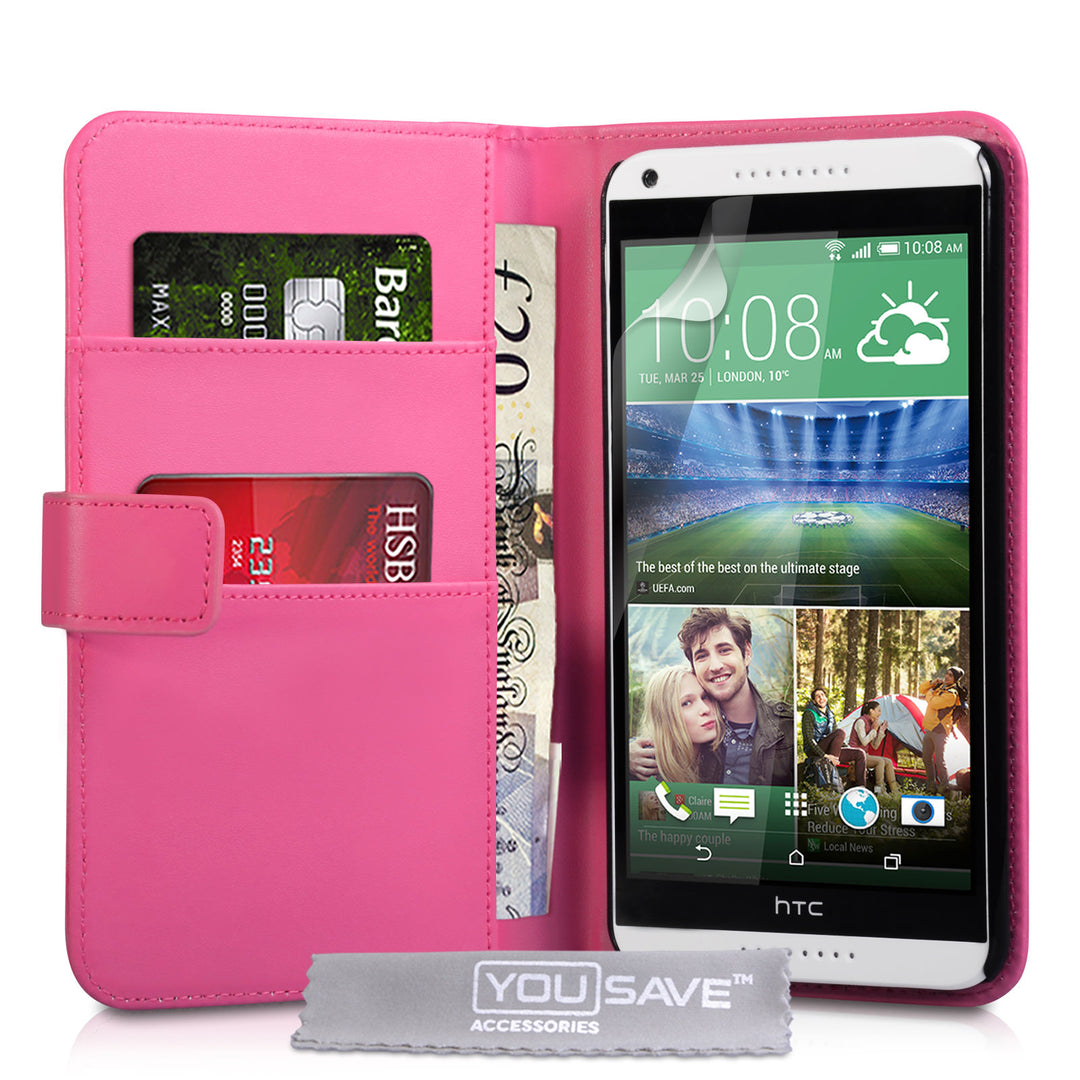 YouSave HTC Desire 816 Leather-Effect Wallet Case - Hot Pink