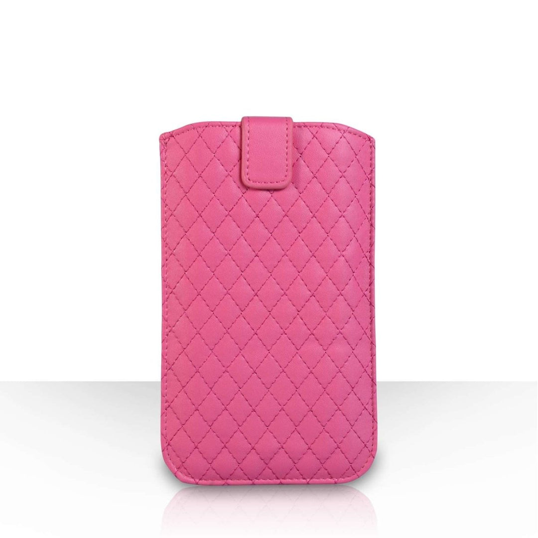 Diamond Pattern Leather Auto Return Pull Tab Pouch (L) - Hot Pink - Mobile Madhouse