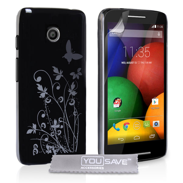 YouSave Motorola Moto E Floral Butterfly Hard Case - Black-Silver