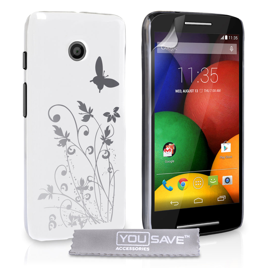 YouSave Motorola Moto E Floral Butterfly Hard Case - White-Silver