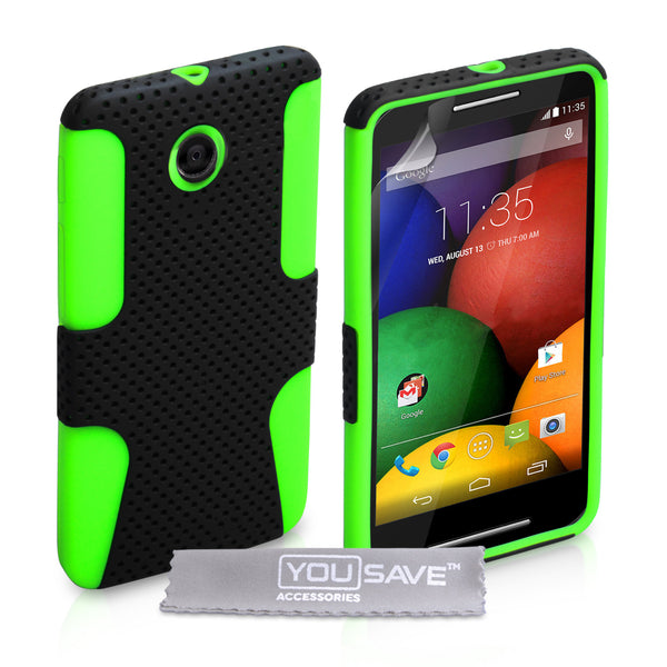 YouSave Motorola Moto E Tough Mesh Combo Silicone Case - Green-Black