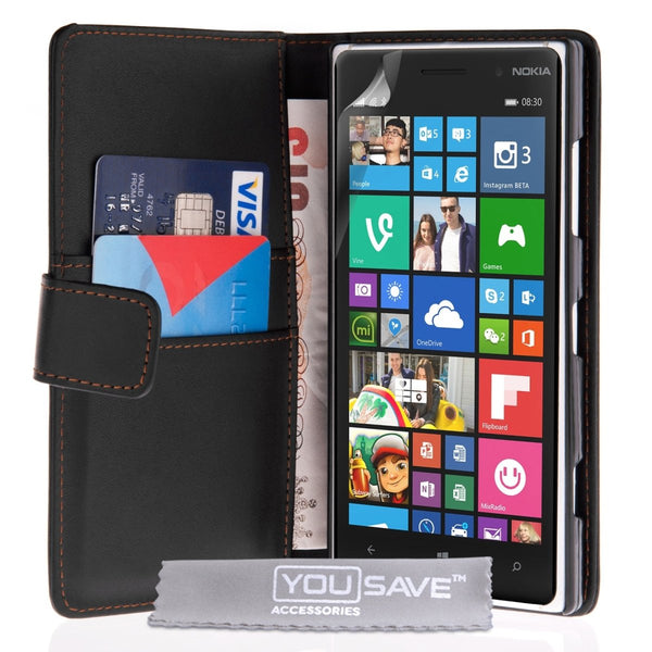 Yousave Accessories Nokia Lumia 830 Leather - Effect Wallet Case - Black - Mobile Madhouse