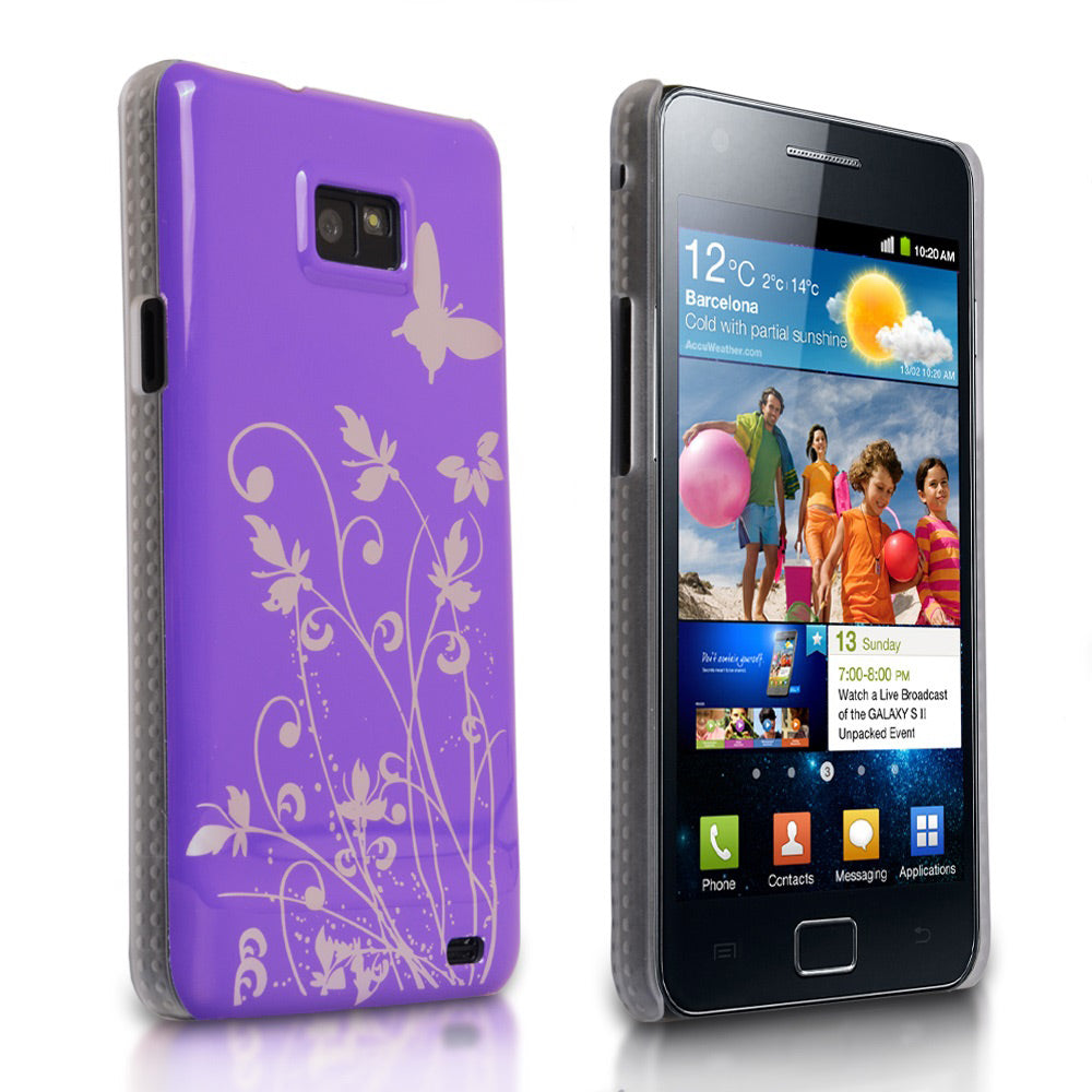 YouSave Samsung Galaxy S2 Purple-Silver Butterfly Flower Hybrid Case