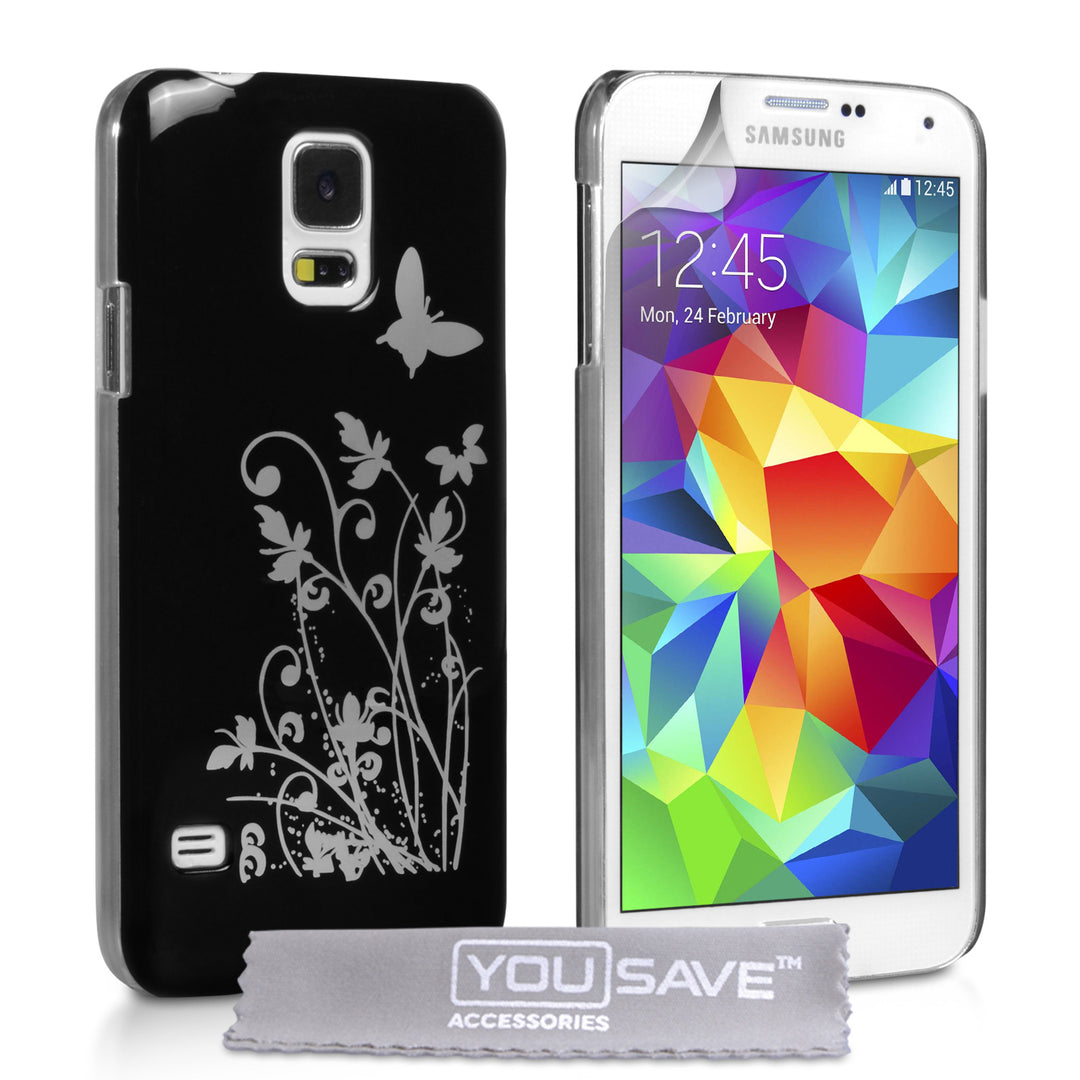 YouSave Samsung Galaxy S5 Floral Butterfly Hard Case - Black-Silver