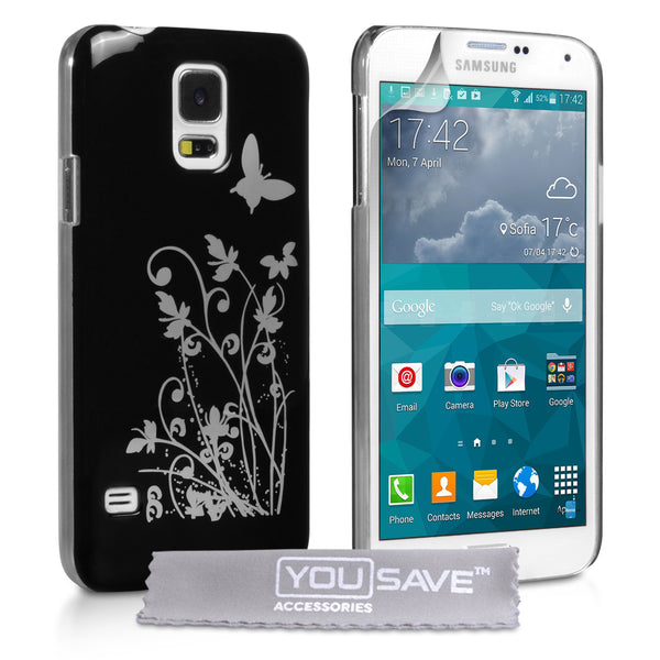 YouSave Samsung Galaxy S5 Mini Floral Butterfly Hard Case Black-Silver