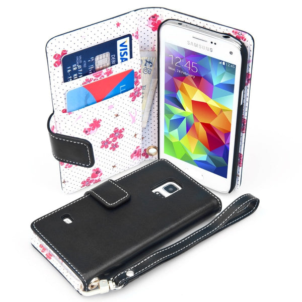 Samsung Galaxy S5 Mini Leather - Effect Wallet Case – Black Floral - Mobile Madhouse