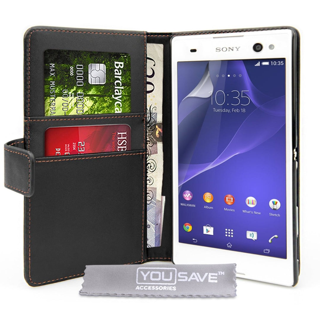 Yousave Accessories Sony Xperia C3 Leather - Effect Wallet Case - Black - Mobile Madhouse