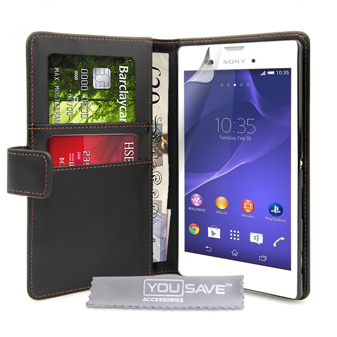Yousave Accessories Sony Xperia T3 Leather - Effect Wallet Case - Black - Mobile Madhouse