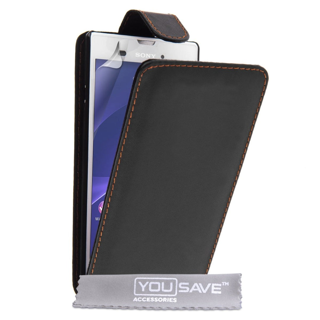 Yousave Accessories Sony Xperia T3 Leather - Effect Flip Case - Black - Mobile Madhouse