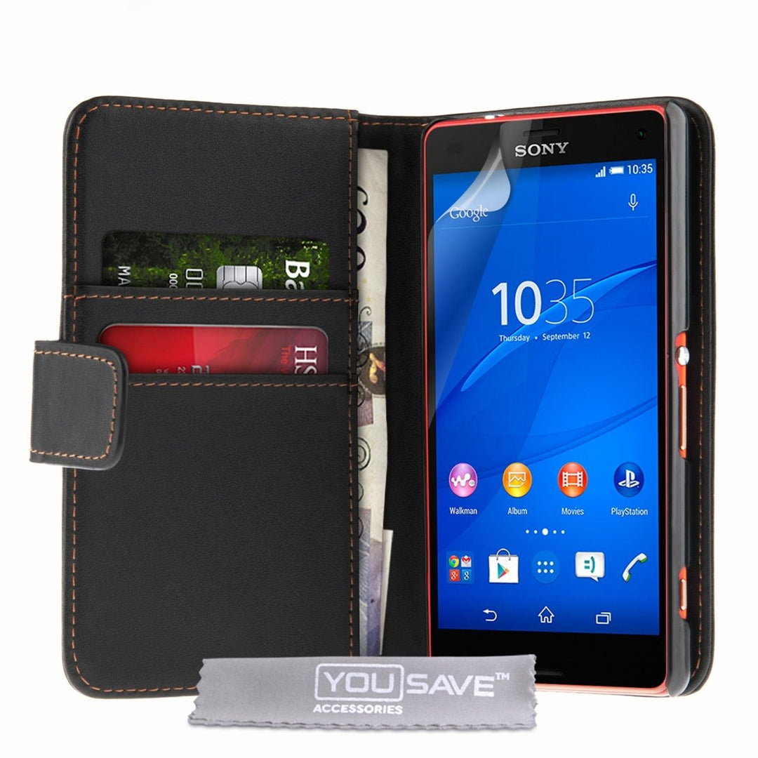 Yousave Accessories Sony Xperia Z3 Compact Leather - Effect Wallet Case - Black - Mobile Madhouse