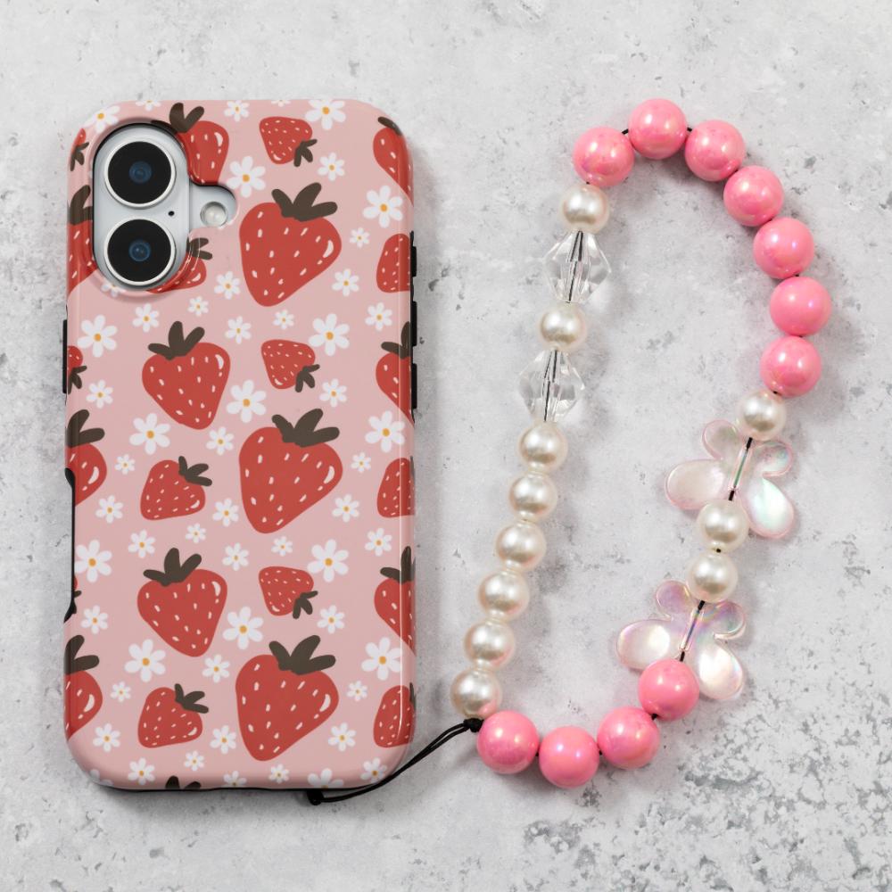 Silver & Pink Large Pearls Phone Charm Strap