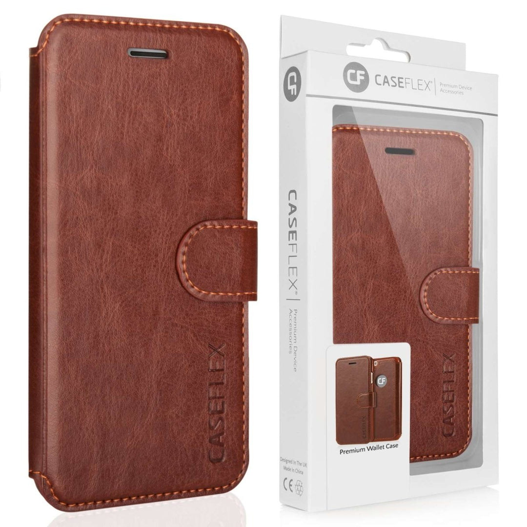 Caseflex Iphone 7 Leather Effect Wallet Case - Brown With Red Lining (Retail Box) - Mobile Madhouse