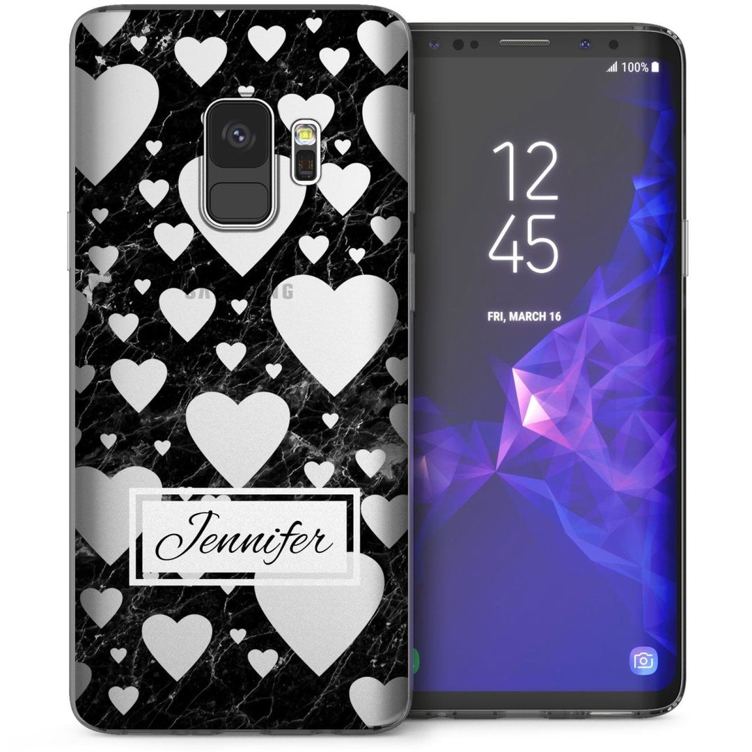 Samsung Galaxy S9 Marble Hearts Personalised TPU Gel Case - Black - Mobile Madhouse