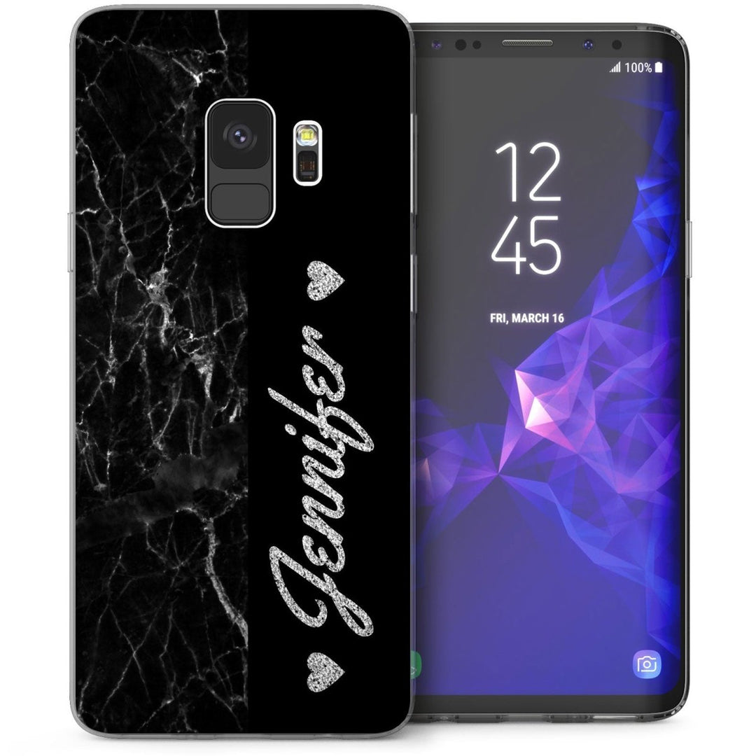 Samsung Galaxy S9 Marble Italic Hearts Personalised TPU Gel Case - Black - Mobile Madhouse