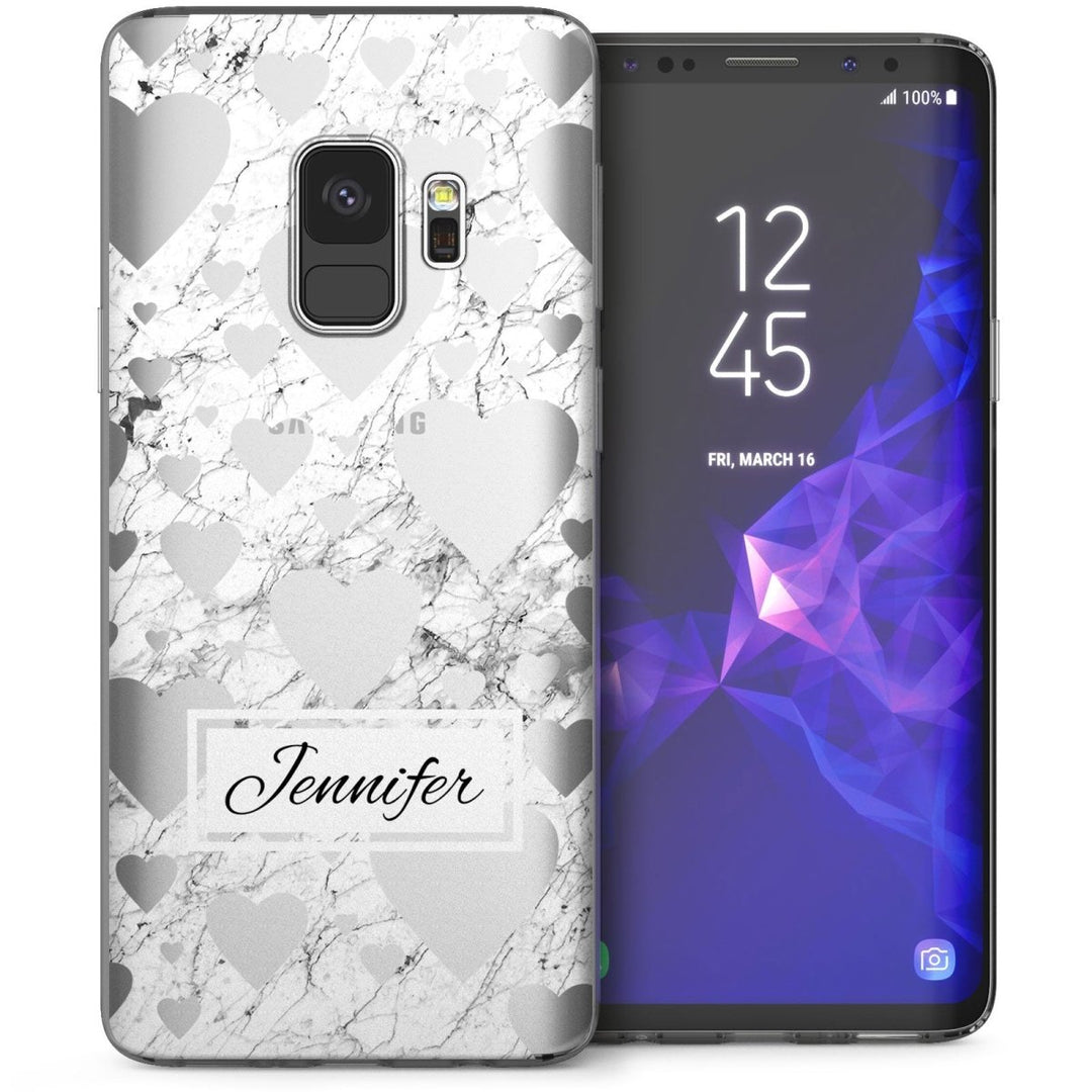 Samsung Galaxy S9 Marble Hearts Personalised TPU Gel Case - White - Mobile Madhouse