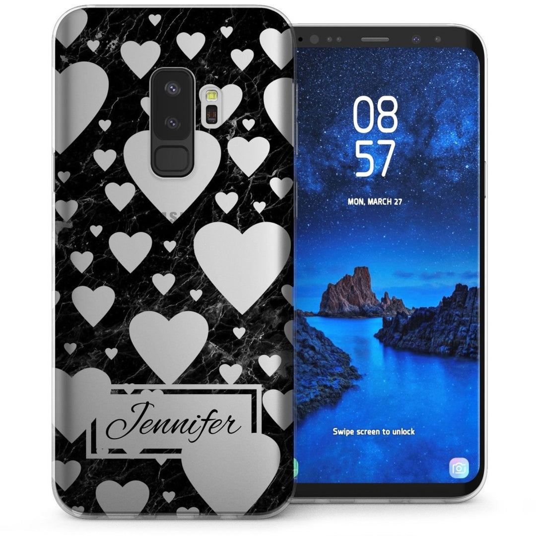 Samsung Galaxy S9 Plus Marble Hearts Personalised TPU Gel Case - Black - Mobile Madhouse