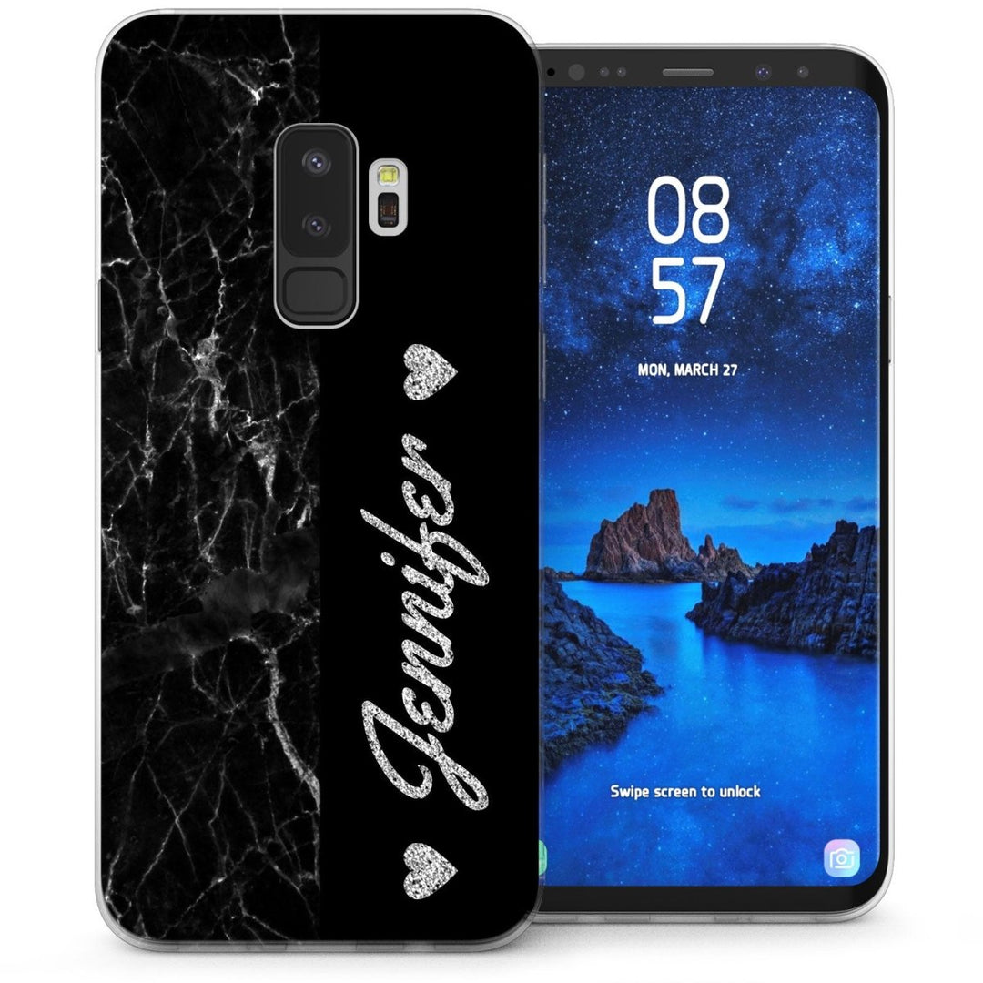 Samsung Galaxy S9 Plus Marble Italic Hearts Personalised TPU Gel Case - Black - Mobile Madhouse