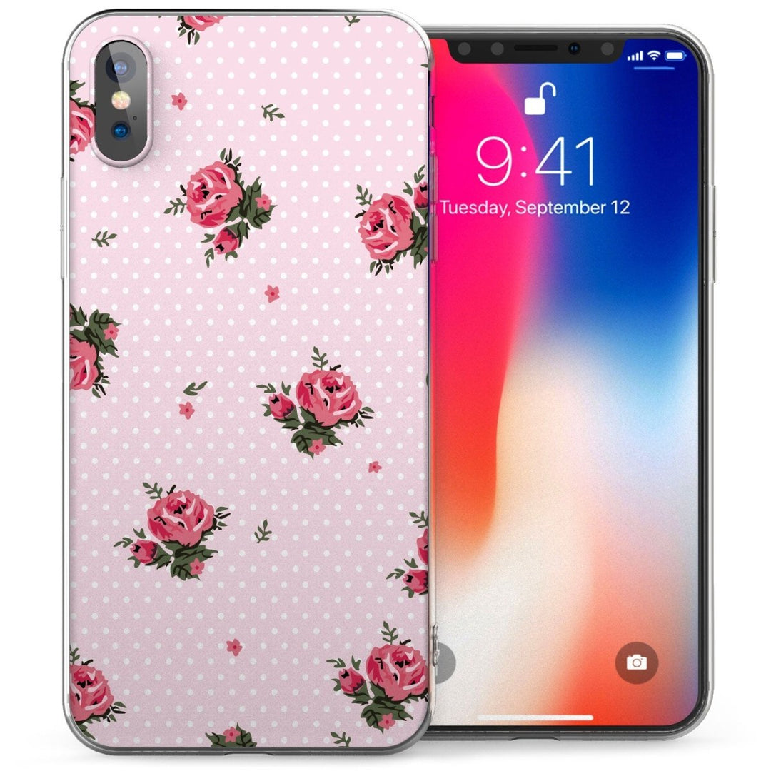 iPhone X Rose Retro Polka Dot TPU Gel Case - White - Mobile Madhouse