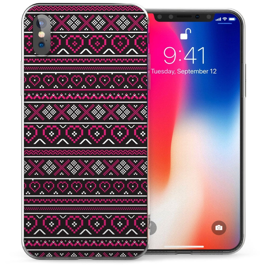 iPhone X Aztec Hearts Jumper TPU Gel Case - Black / Pink - Mobile Madhouse