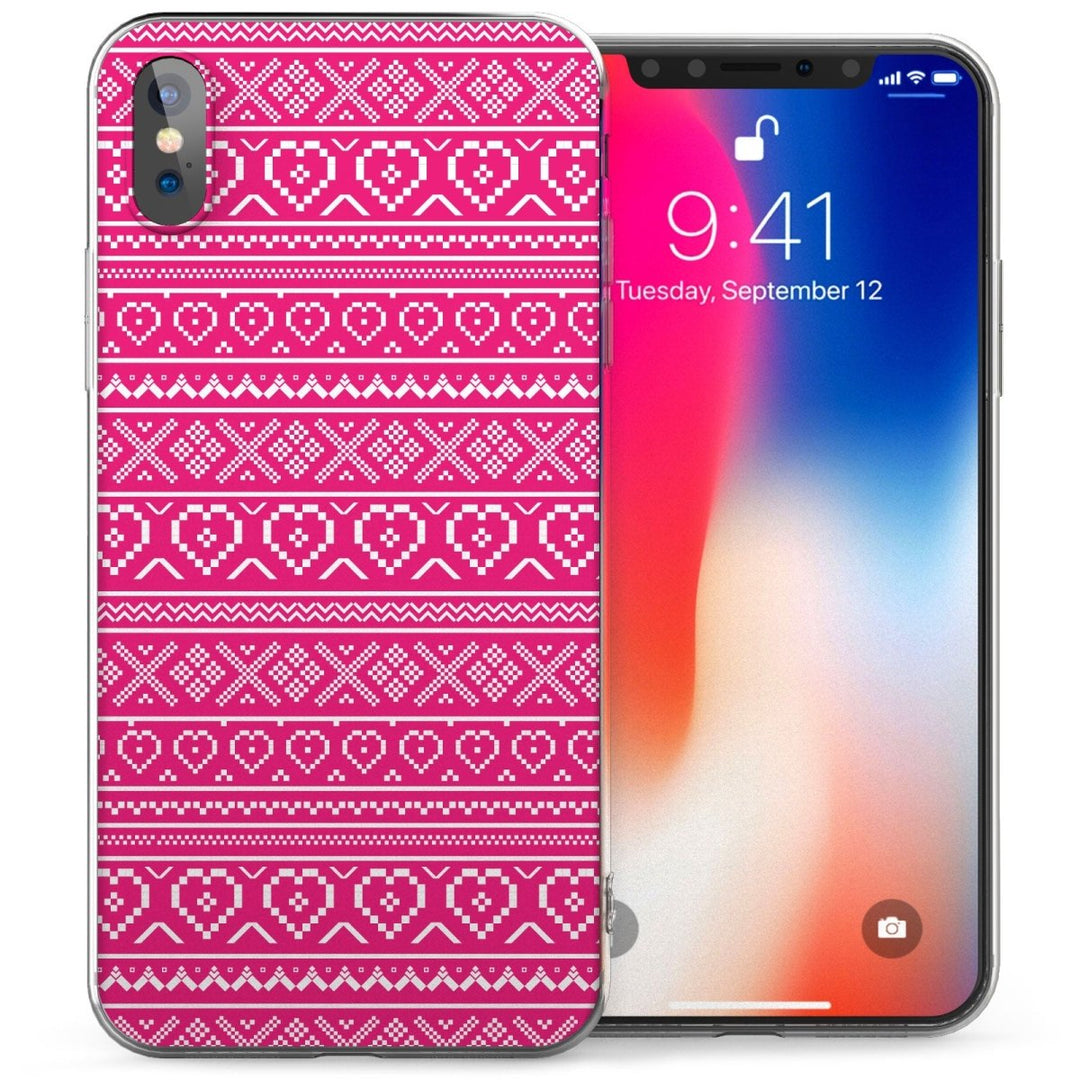 iPhone X Aztec Hearts Jumper TPU Gel Case - Pink / White - Mobile Madhouse