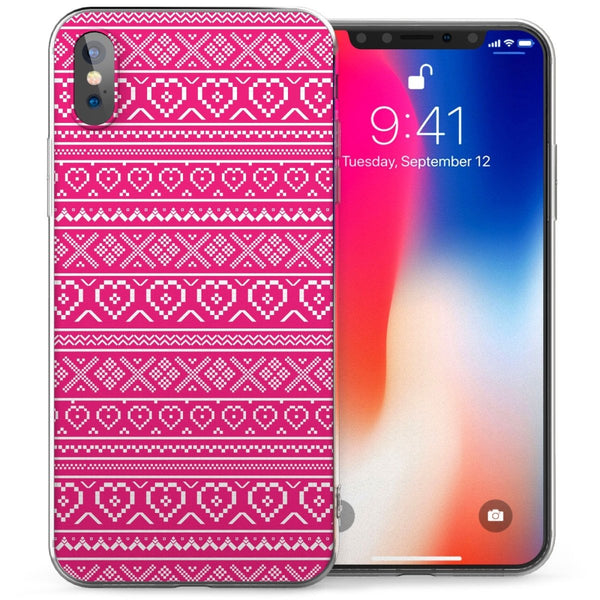 iPhone X Aztec Hearts Jumper TPU Gel Case - Pink / White - Mobile Madhouse
