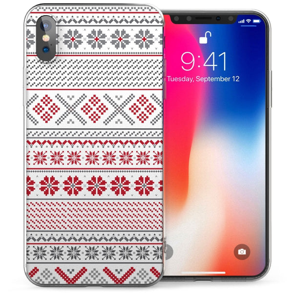 iPhone X Aztec Snowflakes Jumper TPU Gel Case - White / Red - Mobile Madhouse
