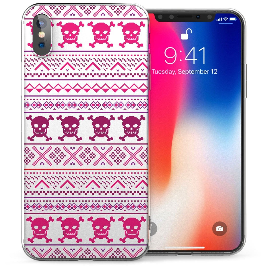 iPhone X Aztec Skulls Jumper TPU Gel Case - White / Pink - Mobile Madhouse