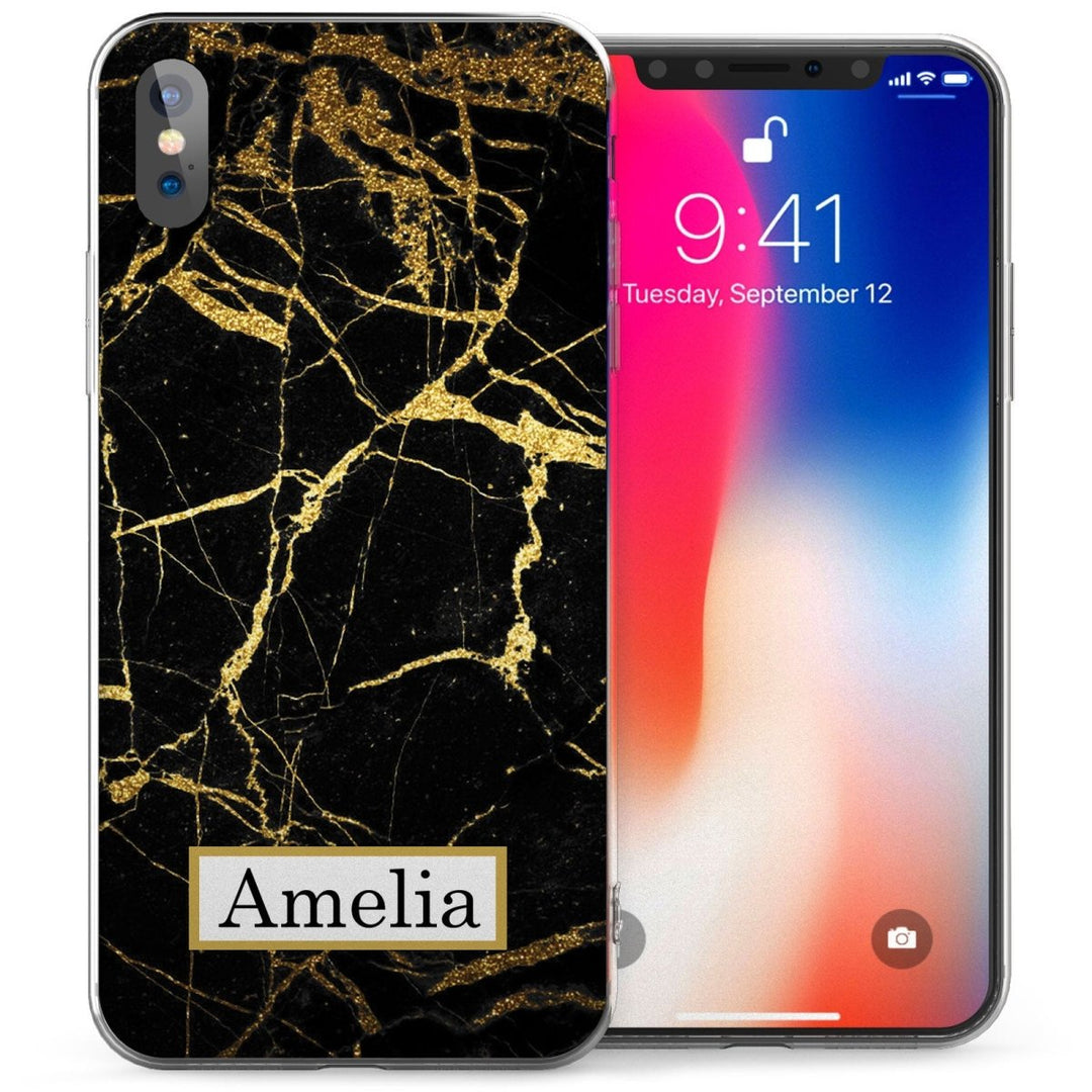 iPhone X Marble Personalised Name TPU Gel Case - Black / Gold - Mobile Madhouse
