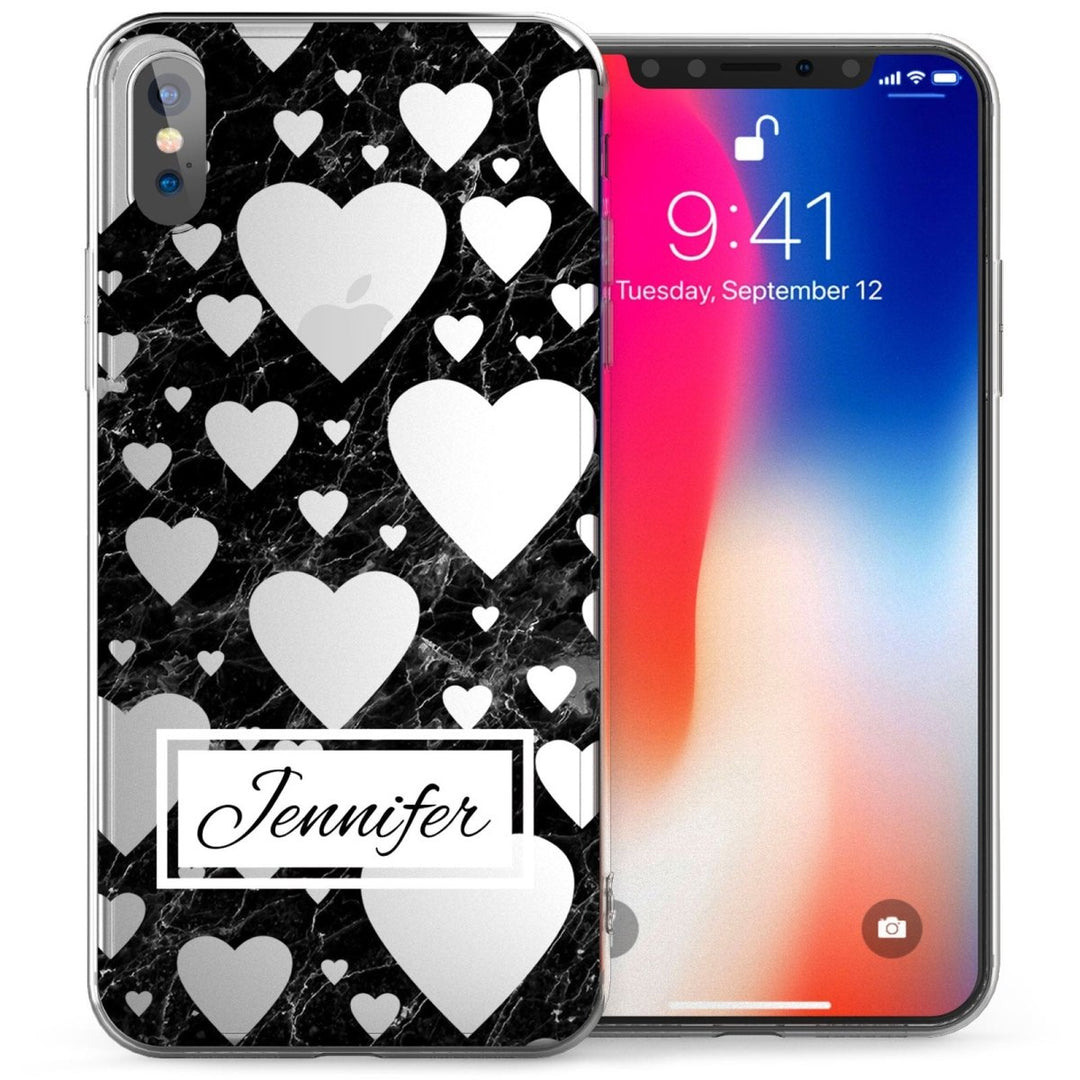 iPhone X Marble Hearts Personalised TPU Gel Case - Black - Mobile Madhouse