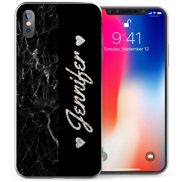 iPhone X Marble Italic Hearts Personalised TPU Gel Case - Black - Mobile Madhouse
