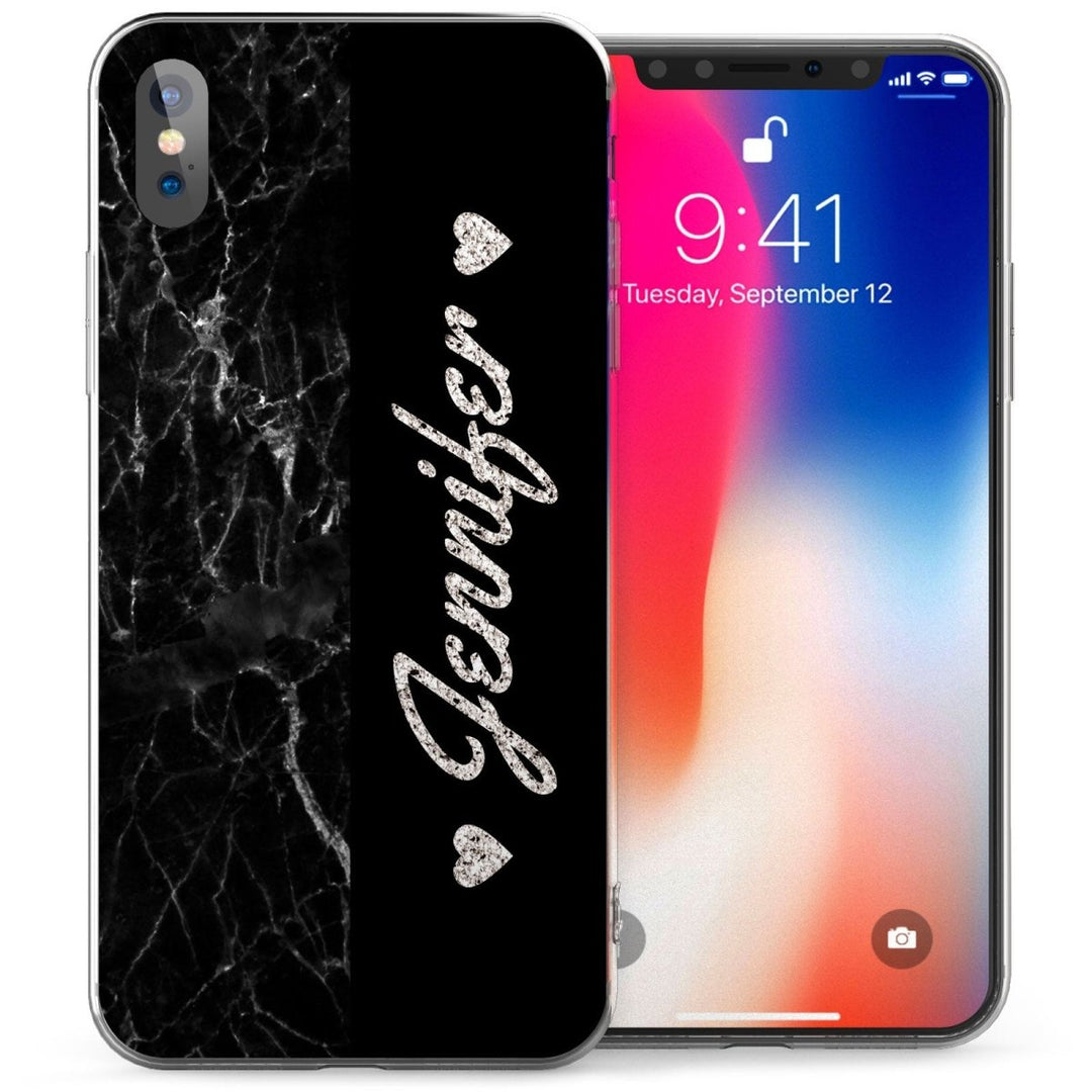 iPhone X Marble Italic Hearts Personalised TPU Gel Case - Black - Mobile Madhouse