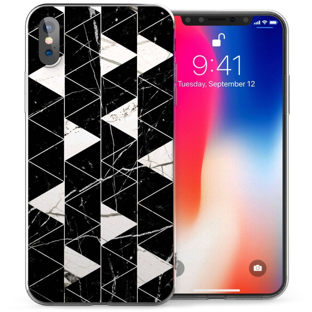 iPhone X Marble Geometric Triangles TPU Gel Case - Black / White - Mobile Madhouse