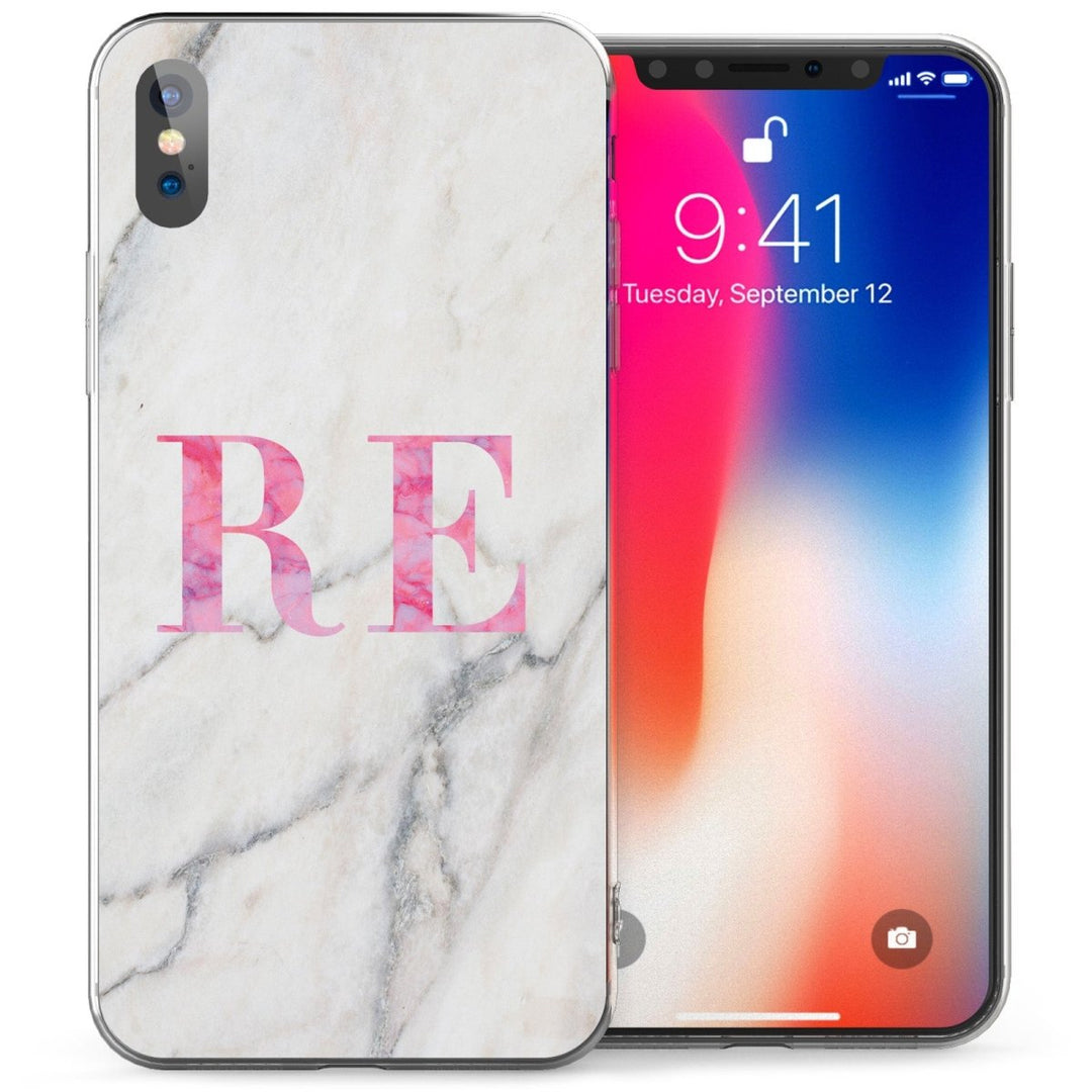 iPhone X Marble Personalised Initials TPU Gel Case - White / Pink - Mobile Madhouse