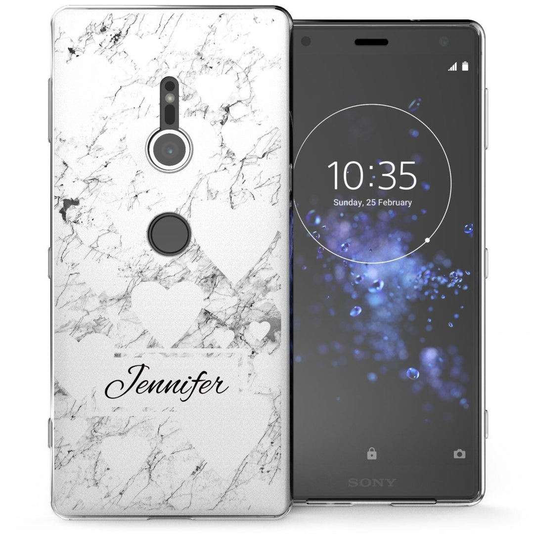 Sony Xperia XZ2 White Marble Hearts Personalised TPU Gel Case - Mobile Madhouse