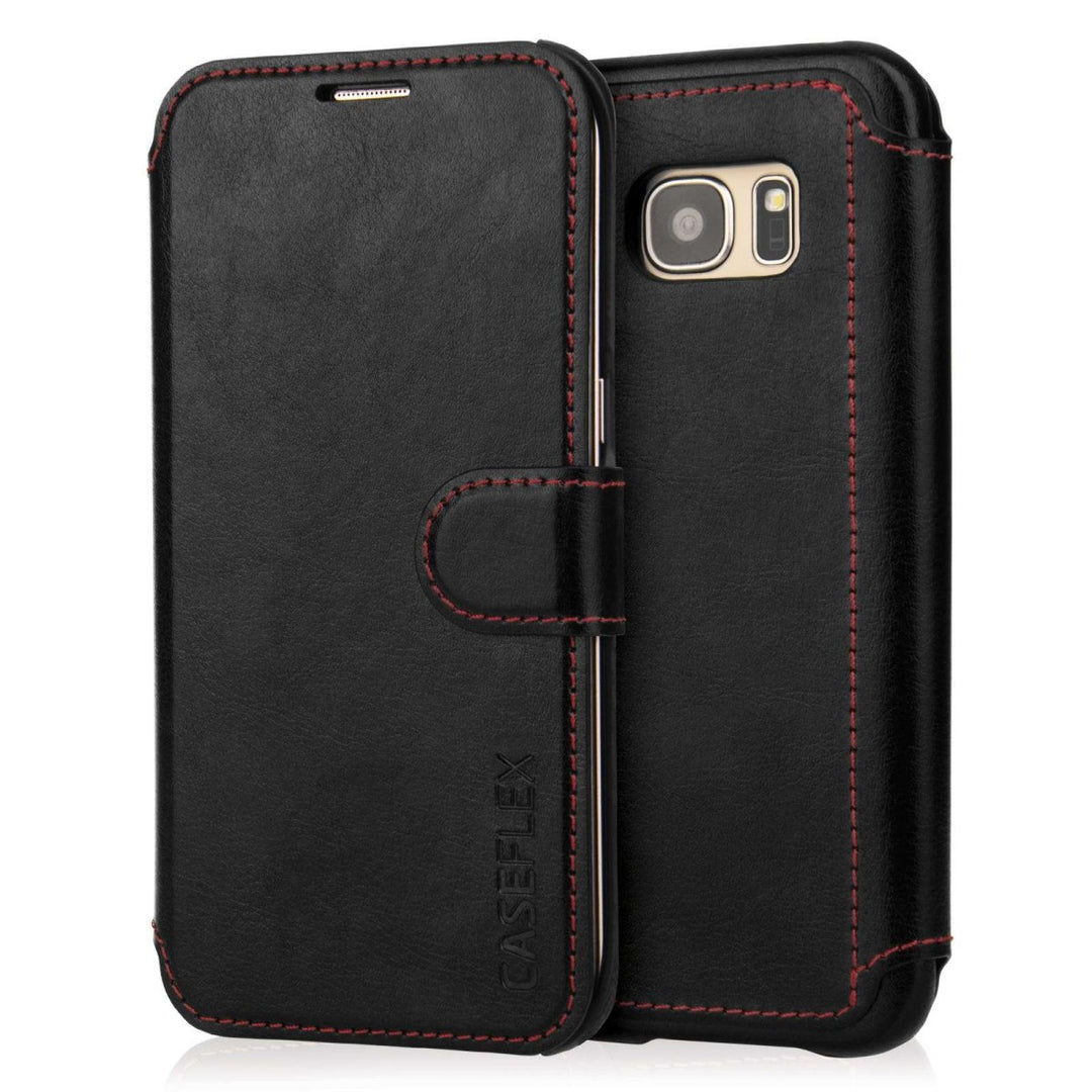 Caseflex Samsung Galaxy S7 Edge Leather Effect Wallet Case - Black With Red Lining - Mobile Madhouse